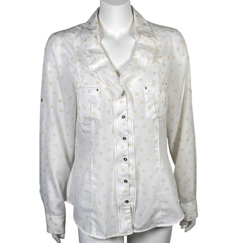 White House Black Market Polka Dot Shirt Size 10 Ruffle Collar Roll Tab Sleeves